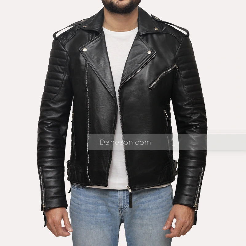 Mens Quilted Black Motorcycle Leather Jacket Leather Jacket men detail view 2 | Dash Racegear — Black Quilted Leather Jacket for Mens