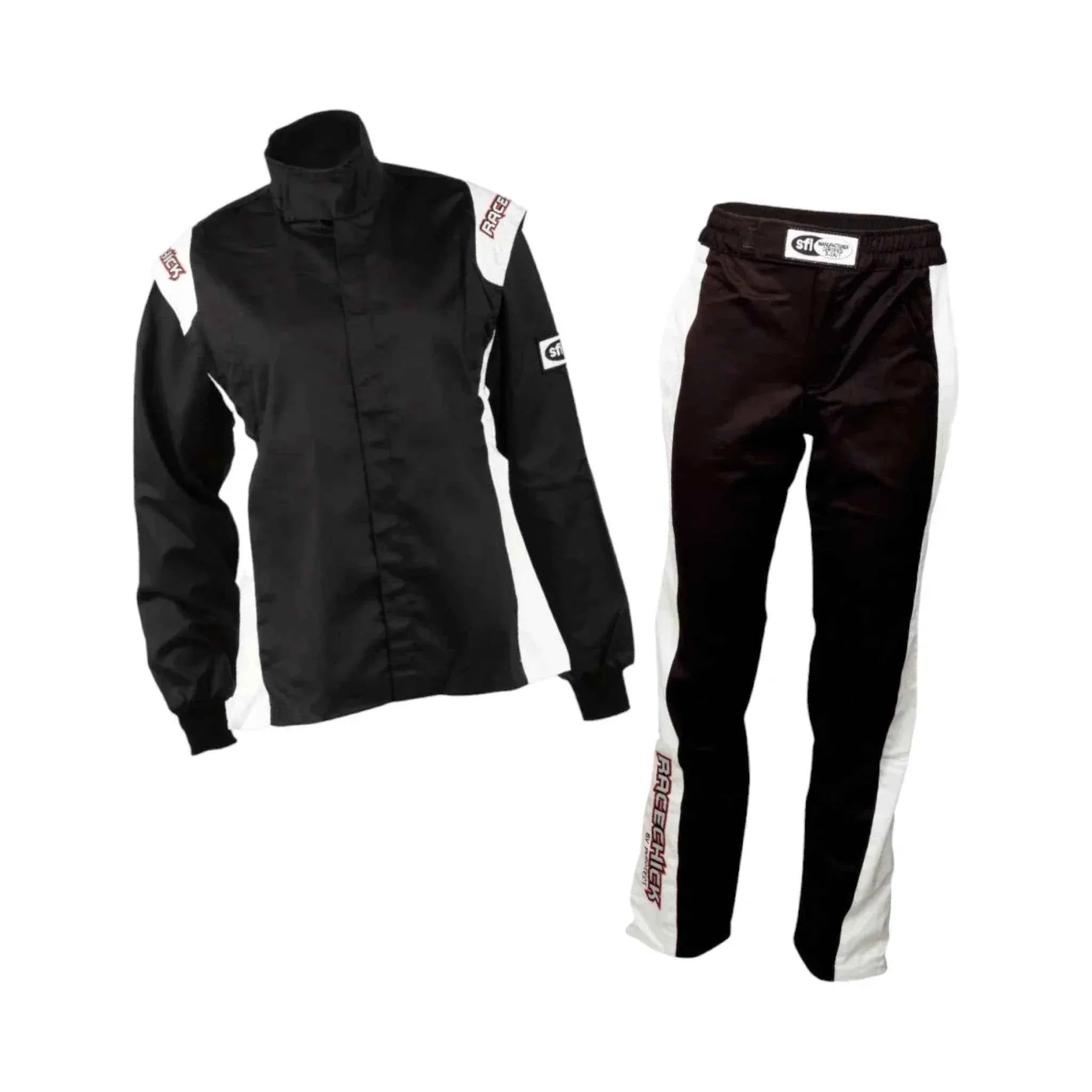RACECHICK FIERCE TWO - PIECE WOMEN'S AUTO RACING SUIT SFI 3.2A/5 (BLACK/WHITE) - 4X - Large / Euro 66