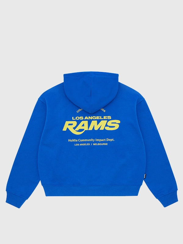 Homie x Los Angeles Rams Hoodie Hoodie unisex front product view | Dash Racegear — 2026 Homie x Los Angeles Rams Pullover Blue Fleece Hoodie for unisex wear celebrating bold football themed streetwear