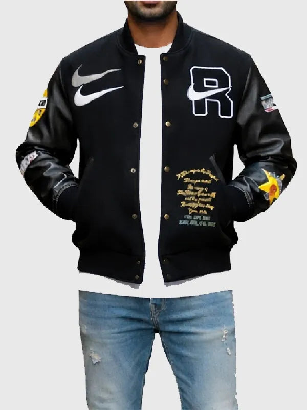 Raspberry Hills x Nike Varsity Jacket Varsity Jacket unisex detail view 3 | Dash Racegear — Black Nike x Raspberry Hills varsity jacket with full snap closure, perfect for everyday casual wear.