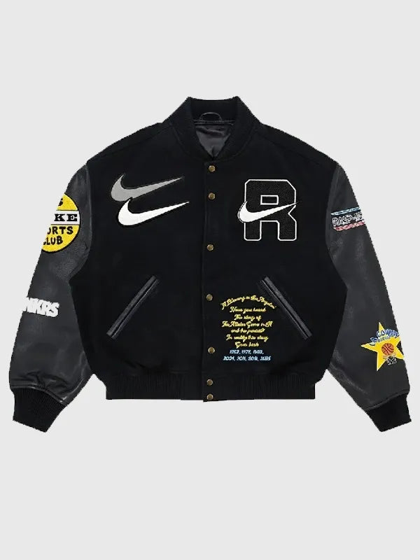 Raspberry Hills x Nike Varsity Jacket Varsity Jacket unisex front product view | Dash Racegear — Black Raspberry Hills x Nike varsity jacket with snap front and bold branding for men and women’s street style.