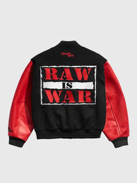 Raw Is The War Varsity Jacket Varsity Jacket unisex detail view 3 | Dash Racegear — Black and red WWE Raw Is War varsity jacket by Chalk Line, featuring classic graphics for die-hard wrestling supporters.