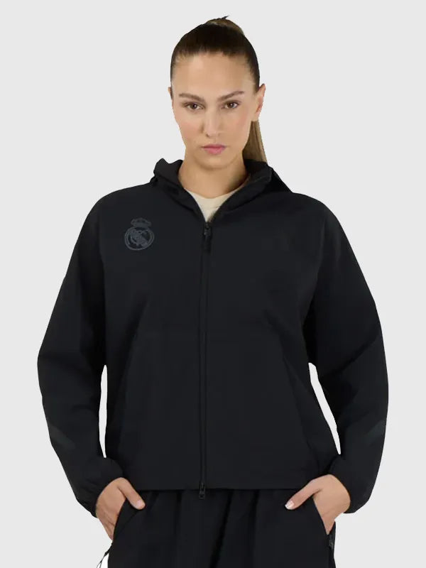 Womens Adidas Real Madrid Z.N.E. Woven Track Jacket Jacket unisex detail view 3 | Dash Racegear — Adidas Real Madrid 2026 black women’s track jacket, Urban Z.N.E. woven style for casual streetwear.