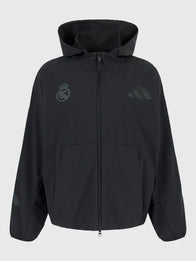 Womens Adidas Real Madrid Z.N.E. Woven Track Jacket Jacket unisex front product view | Dash Racegear — Adidas Real Madrid 2026 women’s Urban Z.N.E. black woven track jacket, sleek football streetwear style.