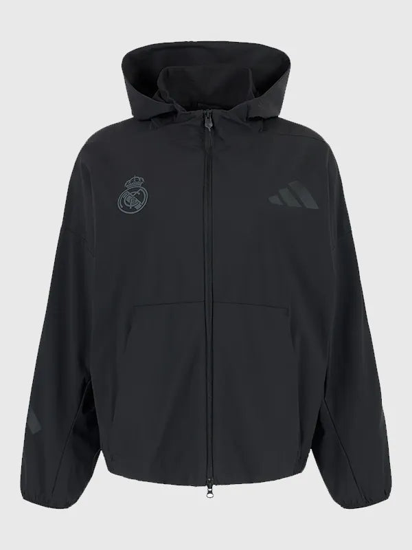 Womens Adidas Real Madrid Z.N.E. Woven Track Jacket Jacket unisex front product view | Dash Racegear — Adidas Real Madrid 2026 women’s Urban Z.N.E. black woven track jacket, sleek football streetwear style.