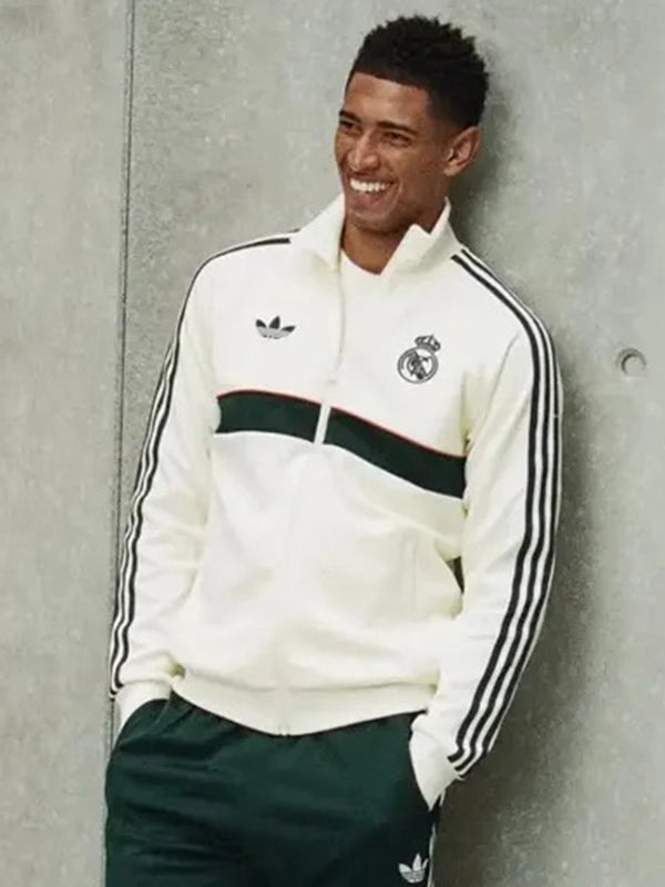 Jude Bellingham EA FC 27 Real Madrid Track Jacket Jacket unisex front product view | Dash Racegear — Real Madrid Adidas EA Sports FC 27 White Jude Bellingham Fleece Track Jacket featuring premium comfort and football-inspired everyday style.