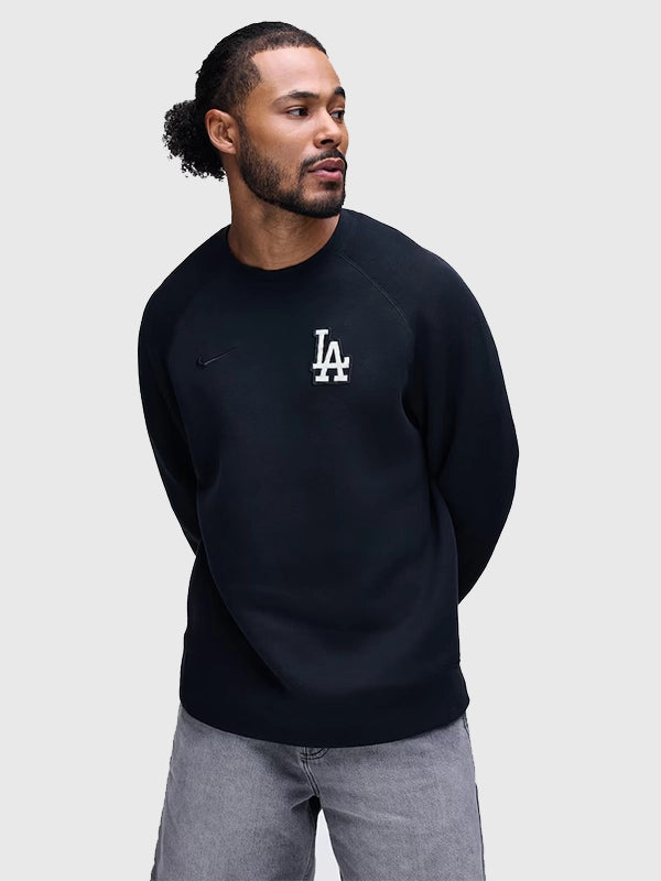 Los Angeles Dodgers Nike Black Tech Fleece Raglan Sweatshirt Sweatshirt unisex front product view | Dash Racegear — LA Dodgers Nike Raglan Tech Fleece Sweatshirt Street Style