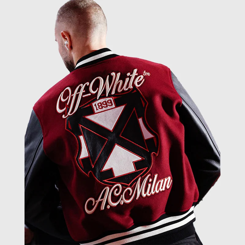 AC Milan x Off-White 2025 Varsity Jacket Varsity Jacket unisex detail view 7 | Dash Racegear — 2025 AC Milan Varsity Jacket designed by Off-White in premium wool leather mix