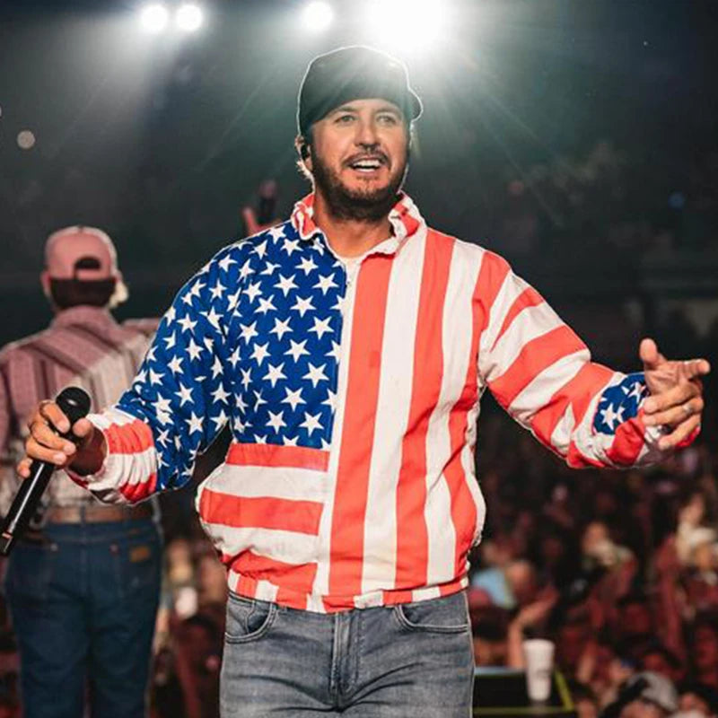 Luke Bryan Bangor Show American Flag Jacket Jacket unisex front product view | Dash Racegear — Bangor Show Luke Bryan American Flag Designer Jacket