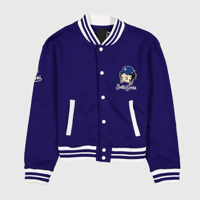 New Era x Bella Dona x Betty Boop Dodgers Jacket Jacket unisex front product view | Dash Racegear — New Era x Bella Dona x Betty Boop Dodgers jacket with playful graphic design