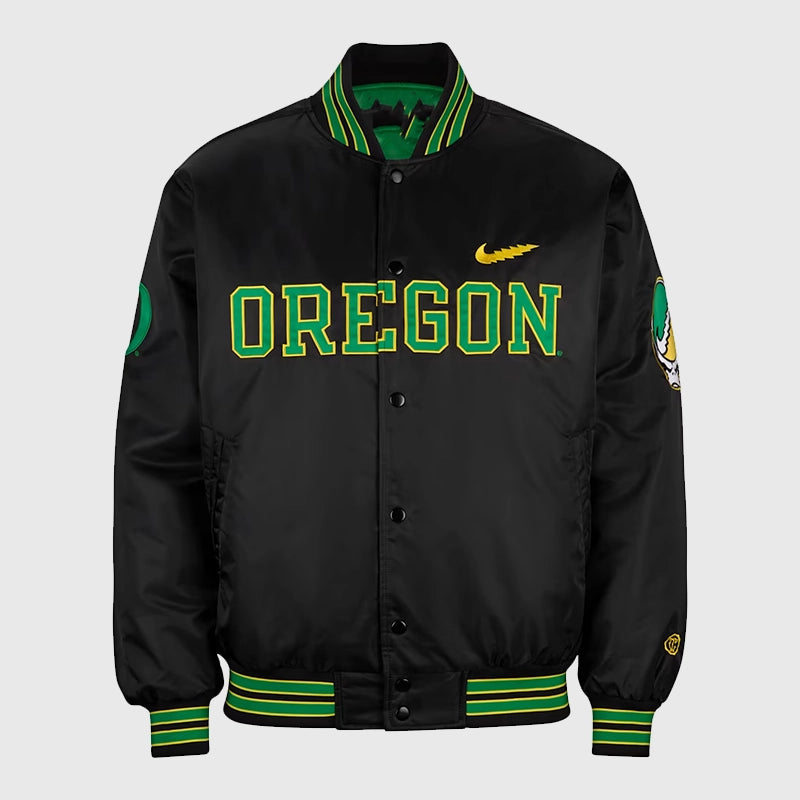 Nike Grateful Duck Bomber Jacket Bomber Jacket unisex front product view | Dash Racegear — Trendy Grateful Duck Nike Jacket offering warmth with standout design