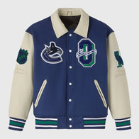 OVO X NHL Vancouver Canucks Varsity Jacket Varsity Jacket unisex front product view | Dash Racegear — OVO x NHL Vancouver Canucks Streetwear Jacket