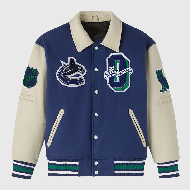 OVO X NHL Vancouver Canucks Varsity Jacket Varsity Jacket unisex front product view | Dash Racegear — OVO x NHL Vancouver Canucks Streetwear Jacket