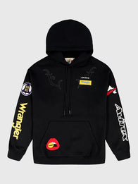 Wrangler x Avirex Hoodie Hoodie unisex front product view | Dash Racegear — Black Wrangler x Avirex 2026 Pullover Hoodie with bold chest logo and soft fleece, perfect for streetwear fans on cool days.