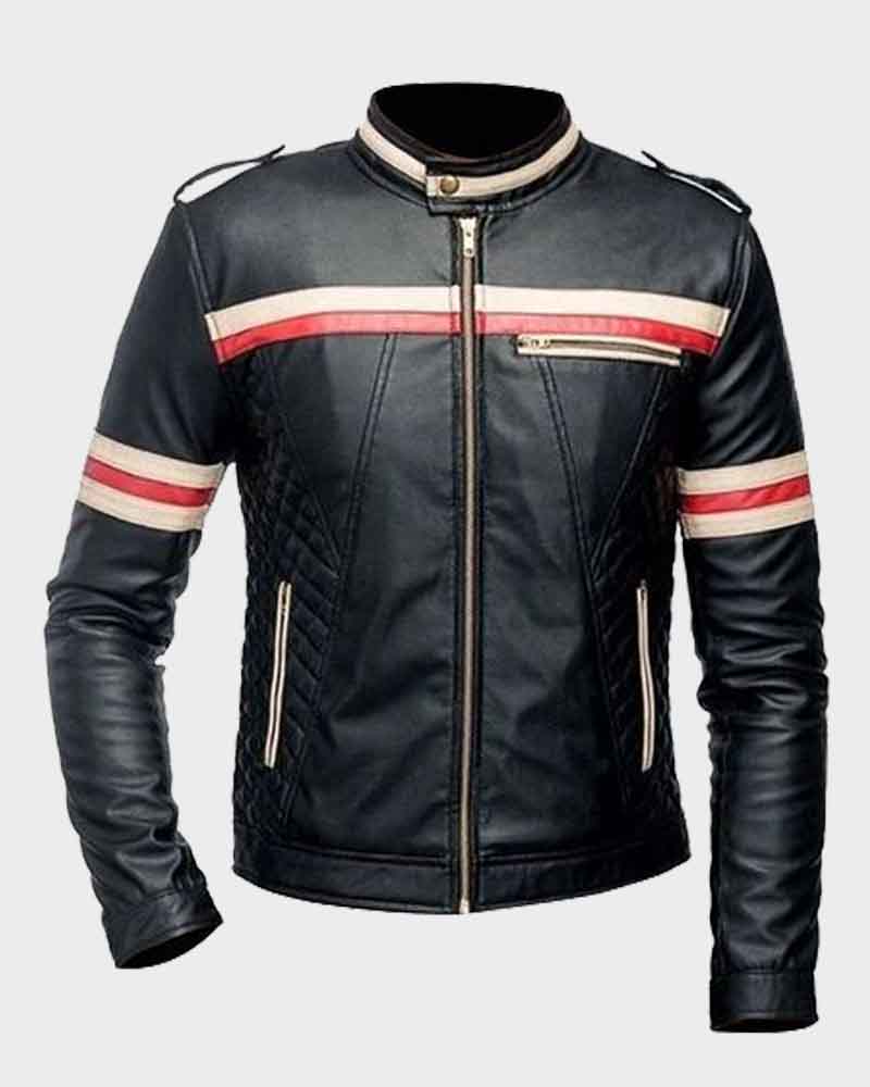 Red And White Striped Mens Black Biker Jacket Biker Jacket men front product view | Dash Racegear — Mens Red And White Striped Black Biker Leather Jacket