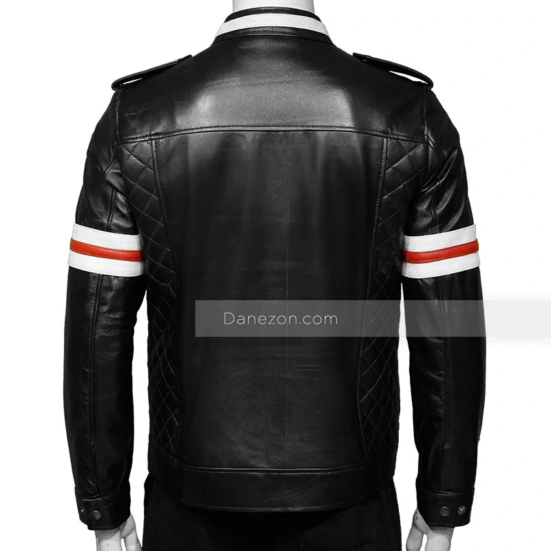 Red And White Striped Mens Black Biker Jacket Biker Jacket men detail view 4 | Dash Racegear — Mens Red And White Striped Black Biker Jacket