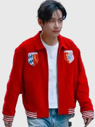BTS V Bode Wenham Souvenir Jacket Jacket unisex detail view 4 | Dash Racegear — BTS V Bode Wenham souvenir jacket in red wool, perfect for fans and stylish streetwear looks.