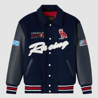OVO Red Bull Racing Varsity Jacket Varsity Jacket unisex front product view | Dash Racegear — Stylish varsity jacket from OVO x Red Bull Racing drop