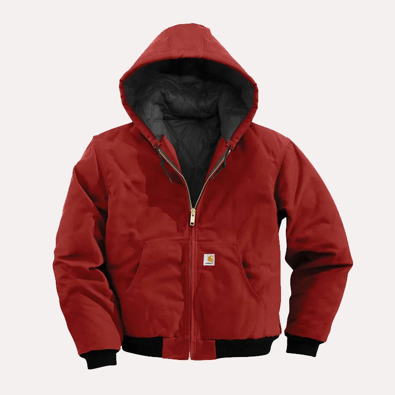 Mens Red Carhartt Hooded Jacket Jacket unisex front product view | Dash Racegear — Red Carhartt Hooded Bomber Jacket