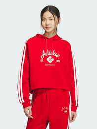 Adidas Lunar New Year Hoodie Hoodie unisex detail view 4 | Dash Racegear — Recreation Adidas Lunar New Year 2026 hoodie in red featuring soft fleece construction and oversized comfort
