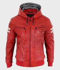 Mens Red Bomber Hooded Leather Jacket Bomber Jacket men front product view | Dash Racegear — Mens Bomber Red Hooded Leather Jacket