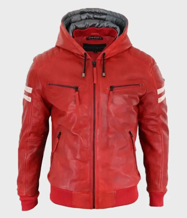 Mens Red Bomber Hooded Leather Jacket Bomber Jacket men front product view | Dash Racegear — Mens Bomber Red Hooded Leather Jacket