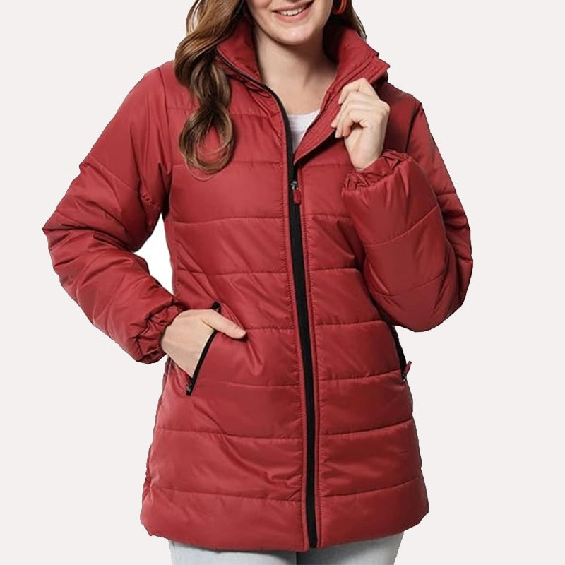 Womens Red Puffer Jacket Puffer Jacket women front product view | Dash Racegear — Red Puffer Hooded Jacket