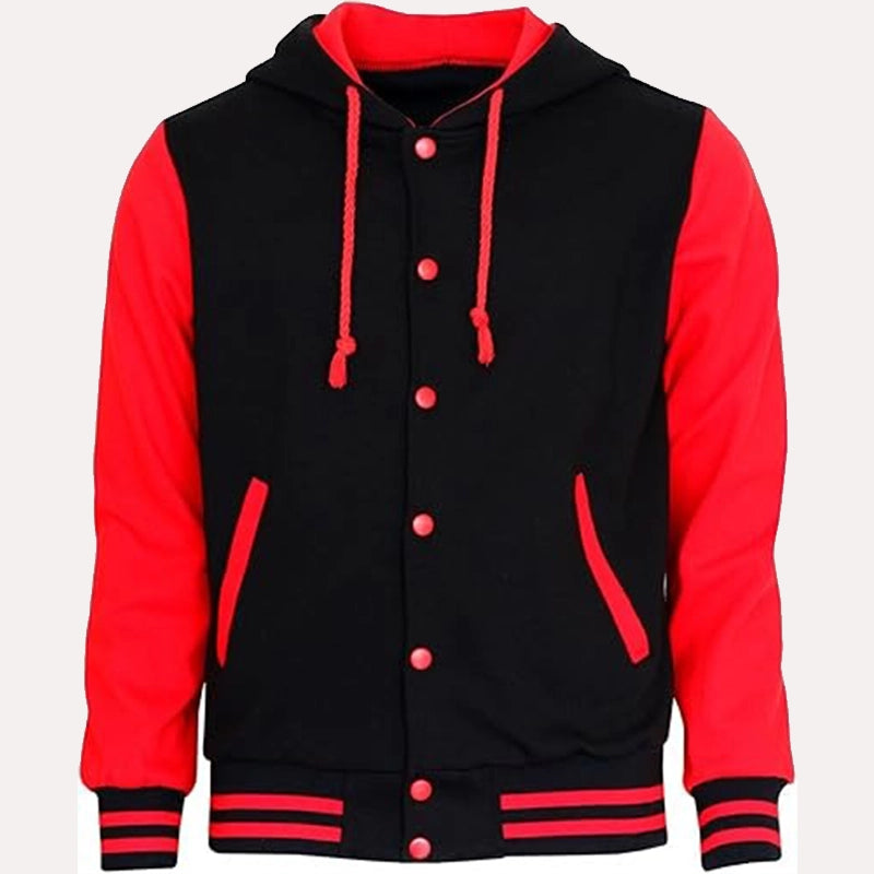 Womens Red and Black Hooded Varsity Jacket Varsity Jacket women front product view | Dash Racegear — Womens Red and Black Hooded Varsity Jacket