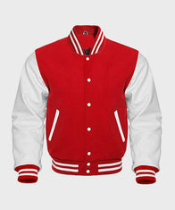 Red and White Baseball Jacket Jacket unisex front product view | Dash Racegear — Red and White Bright Varsity Jacket