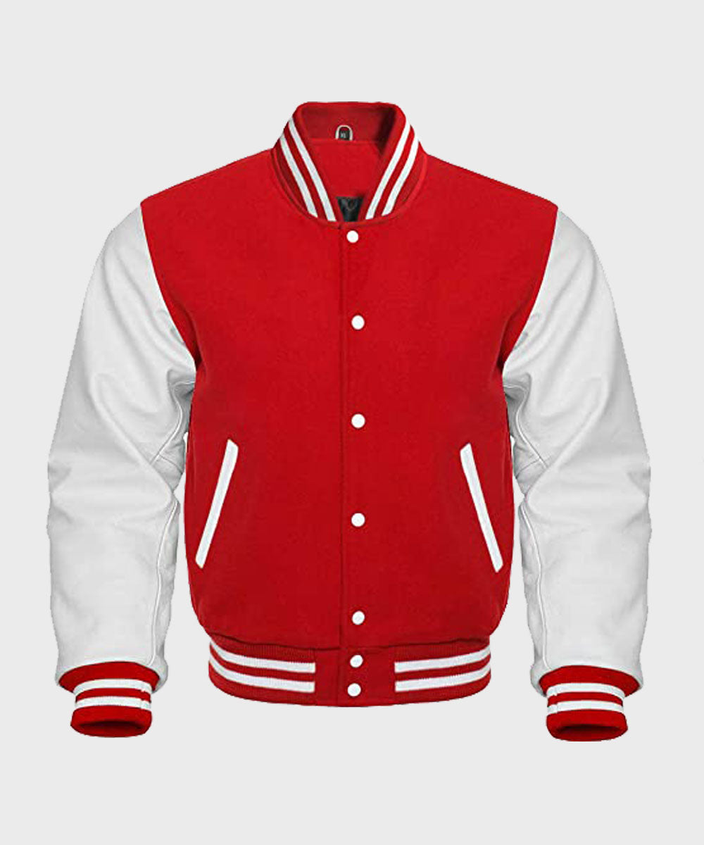 Red and White Baseball Jacket Jacket unisex front product view | Dash Racegear — Red and White Bright Varsity Jacket