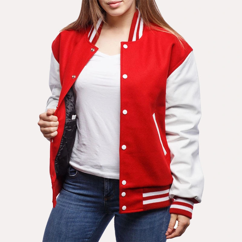 Womens Red and White Leather Sleeves Varsity Jacket Varsity Jacket women front product view | Dash Racegear — Red and White Wool and Leather Sleeves Varsity Jacket