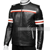 Red And White Striped Mens Black Biker Jacket Biker Jacket men detail view 3 | Dash Racegear — Red And White Striped Mens Black Motorcycle Jacket