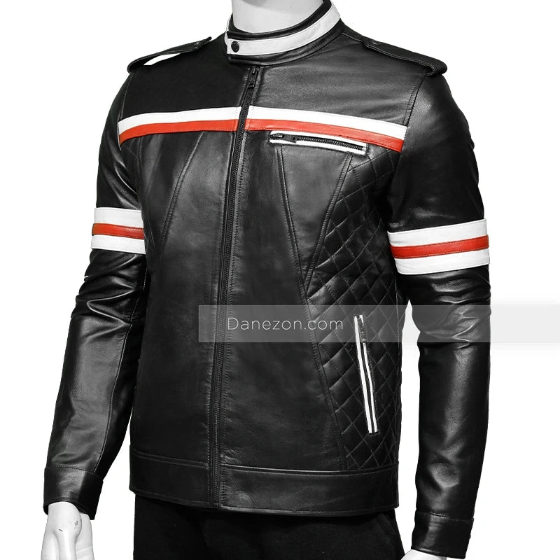 Red And White Striped Mens Black Biker Jacket Biker Jacket men detail view 3 | Dash Racegear — Red And White Striped Mens Black Motorcycle Jacket