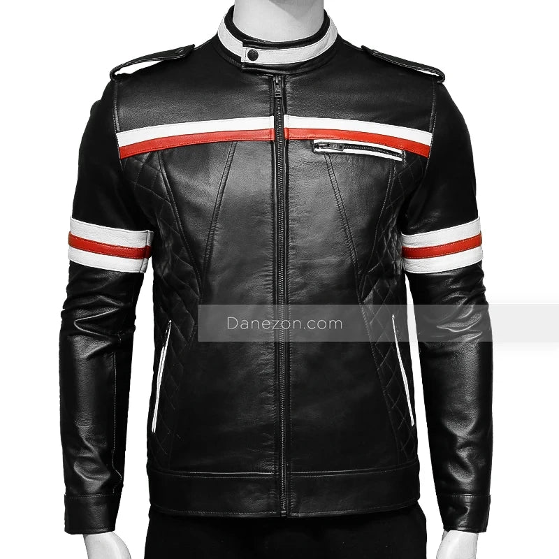 Red And White Striped Mens Black Biker Jacket Biker Jacket men detail view 2 | Dash Racegear — Red And White Striped Mens Black Biker Jacket