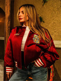 San Diego Padres x Petco Park Satin Jacket Jacket unisex front product view | Dash Racegear — Unisex San Diego Padres x Petco Park 2026 red satin bomber jacket, glossy finish for bold stadium style.