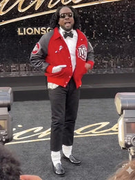 Michael 2026 Premiere Wale Jacket Jacket unisex detail view 4 | Dash Racegear — Red and black MM varsity jacket 2026 Wale Michael event edition, bold retro-inspired streetwear style.