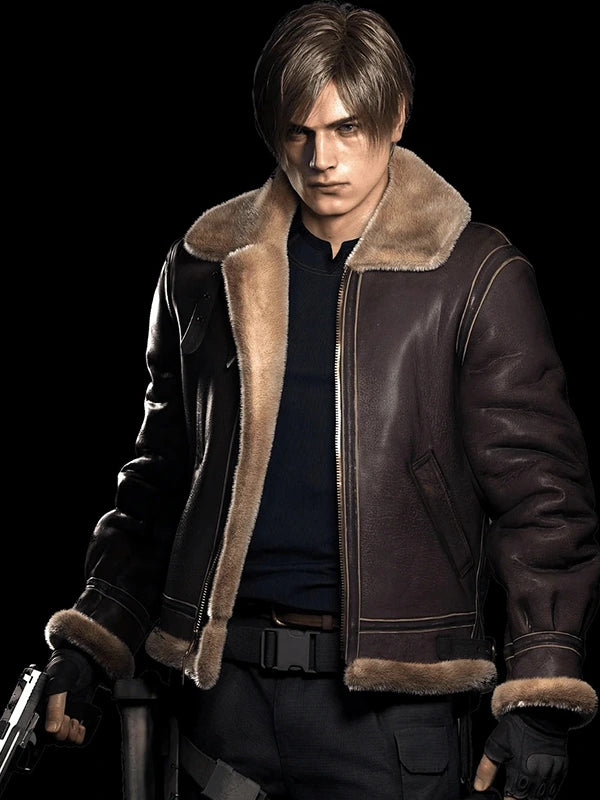 Resident Evil 4 Leon Kennedy Jacket Jacket unisex front product view | Dash Racegear — Resident Evil 4 Remake Leon Kennedy sheepskin leather bomber jacket, perfect for cosplay lovers and everyday cold weather wear.