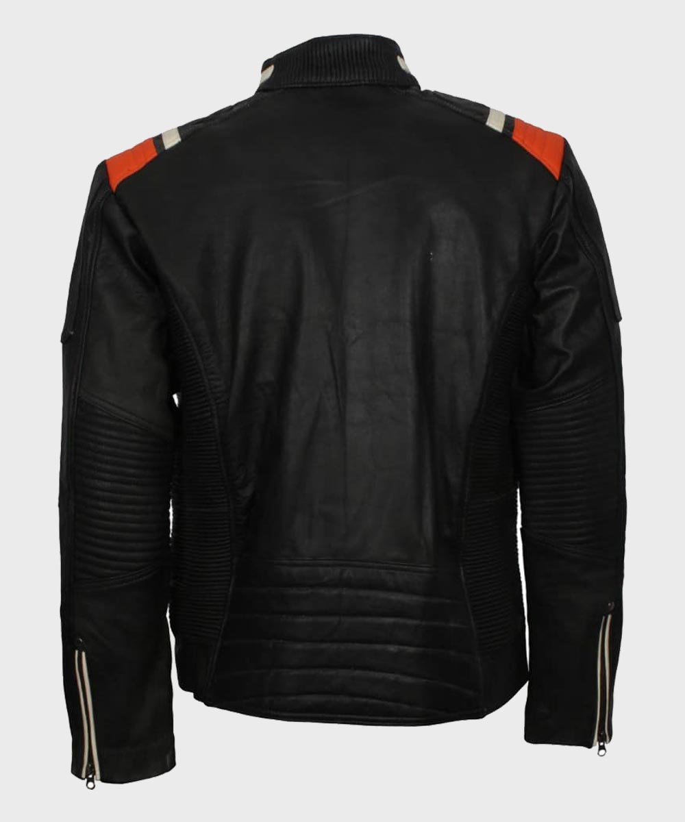Mens Cafe Racer Striped Black Retro Biker Jacket Biker Jacket men detail view 3 | Dash Racegear — Mens Cafe Racer Retro Black Leather Motorcycle Jacket