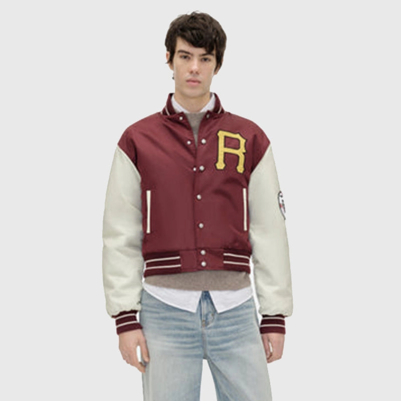 Rhude Batting Cage Satin Varsity Jacket Varsity Jacket unisex front product view | Dash Racegear — Elegant varsity bomber in satin by Rhude for men and women.