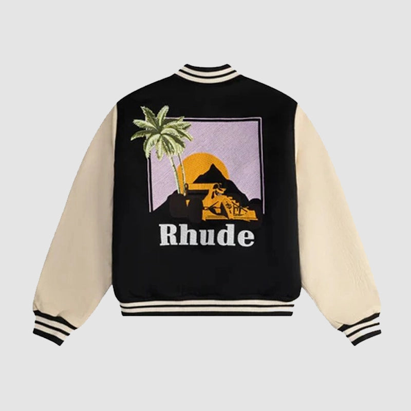 Rhude Gp Varsity Jacket Varsity Jacket unisex detail view 2 | Dash Racegear — Black and White Rhude GP Varsity Jacket – Premium Streetwear