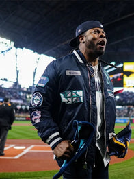 Richard Sherman Seattle Mariners Bomber Jacket Bomber Jacket unisex front product view | Dash Racegear — Premium Seattle Mariners bomber jacket in Richard Sherman style