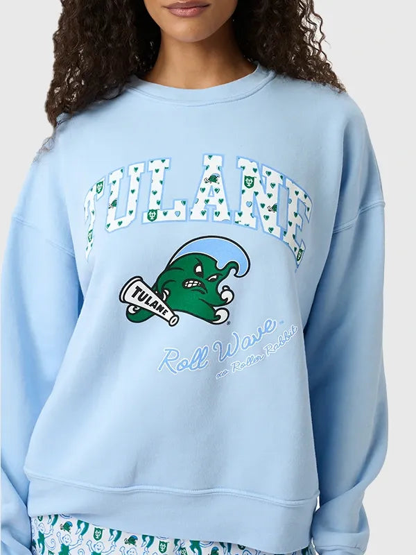 Tulane Greenwave Andie Crewneck Sweatshirt Sweatshirt unisex front product view | Dash Racegear — Rollar Rabbit Andie Tulane Greenwave blue sweatshirt, fleece crewneck pullover made for fans, travel, and casual comfort