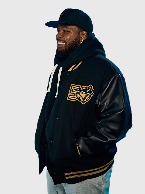 Roots Blue Jays 50th Anniversary Varsity Jacket Varsity Jacket unisex detail view 3 | Dash Racegear — Toronto Blue Jays 50th anniversary Roots jacket in black with classic varsity design, great for game day.