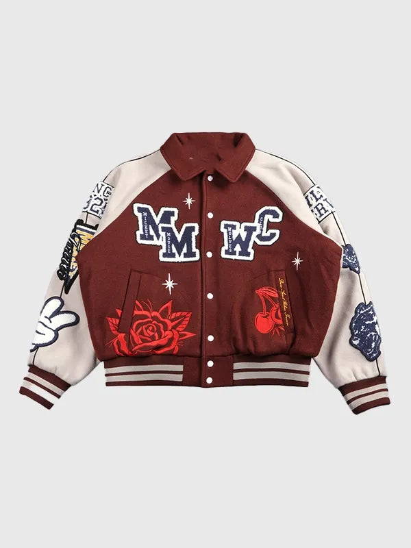 Mickey Mouse Wolves Club Rudy Letterman Jacket Jacket unisex detail view 2 | Dash Racegear — 2026 Mickey Mouse Wolves Club Roxy Box Cut Rudy Letterman Varsity Jacket in Maroon featuring premium comfort and timeless collegiate-inspired style.