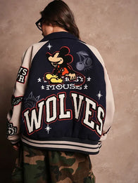 Mickey Mouse Wolves Club Rudy Letterman Jacket Jacket unisex detail view 7 | Dash Racegear — 2026 Mickey Mouse Wolves Club Roxy Box Cut Rudy Letterman Varsity Jacket in Navy featuring premium comfort and timeless collegiate-inspired style.