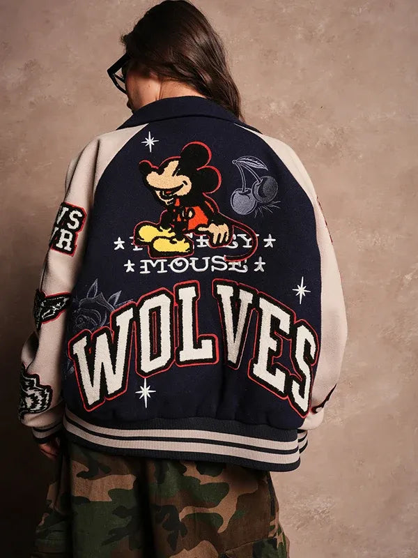 Mickey Mouse Wolves Club Rudy Letterman Jacket Jacket unisex detail view 7 | Dash Racegear — 2026 Mickey Mouse Wolves Club Roxy Box Cut Rudy Letterman Varsity Jacket in Navy featuring premium comfort and timeless collegiate-inspired style.