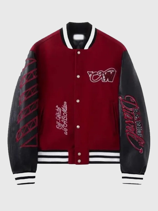 AC Milan x Off-White Ruben Loftus-Cheek Varsity Jacket Varsity Jacket unisex detail view 2 | Dash Racegear — Recreated AC Milan Off-White maroon varsity jacket featuring a clean varsity build and fashion-forward styling