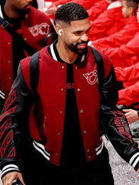 AC Milan x Off-White Ruben Loftus-Cheek Varsity Jacket Varsity Jacket unisex front product view | Dash Racegear — Recreated AC Milan Off-White maroon varsity jacket inspired by Ruben Loftus-Cheek with structured design and streetwear appeal