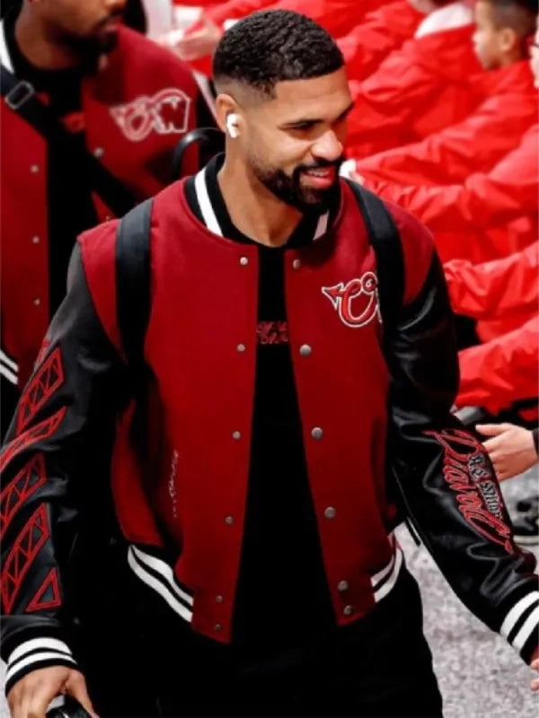 AC Milan x Off-White Ruben Loftus-Cheek Varsity Jacket Varsity Jacket unisex front product view | Dash Racegear — Recreated AC Milan Off-White maroon varsity jacket inspired by Ruben Loftus-Cheek with structured design and streetwear appeal