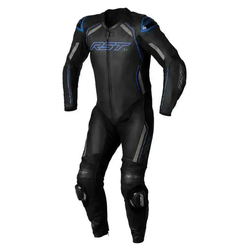 S - 1 CE MENS LEATHER SUIT - BLACK/GREY/NEONBLUE - UK 52 / EUR 62 / INTL 4XL